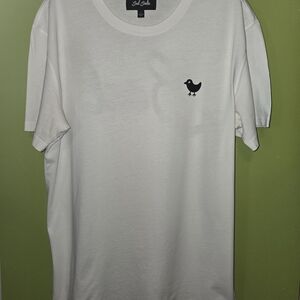 Bad Birdie White Tee with Small Black Bird Patch